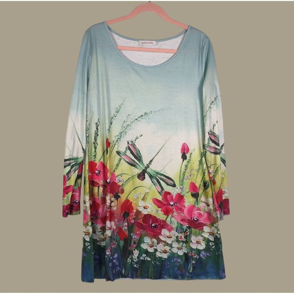 Misslook Floral & Dragonfly Print Long Sleeve Mini Dress Size XXL